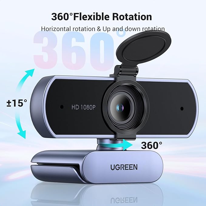 UGREEN Full HD 1080P Webcam with Microphone, 2 Noise-Canceling Mics, 85° Fov & Fixed Focus, Plug and Play, Auto Light Correction, Privacy Cover PC Camera for Zoom/Skype/Teams, Switch 2, Grey