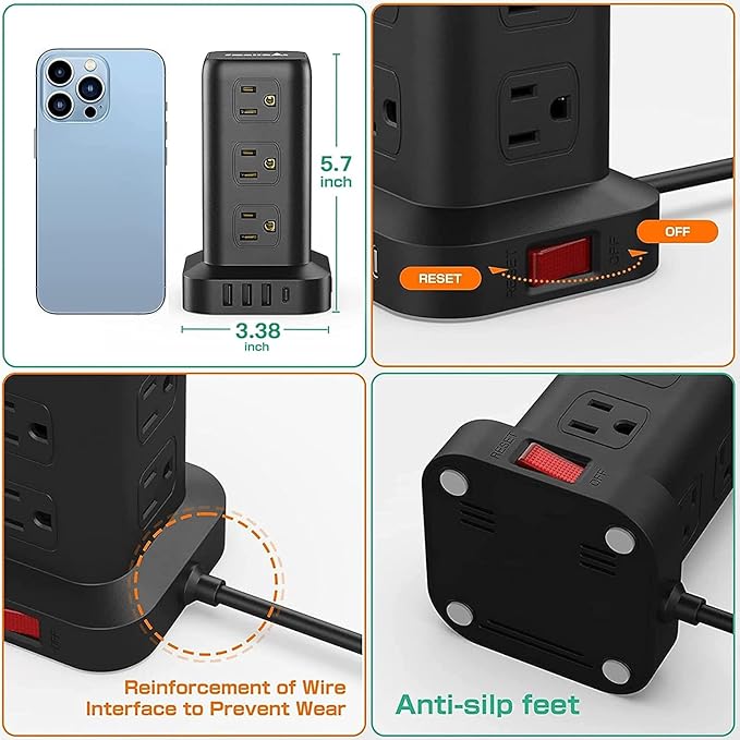 Extension Cord with Multiple Outlets, SMALLRT Surge Protector Power Strip Tower, Outlet Extender with 12 AC Outlets 4 USB, 6.5FT Extension Cord for Home Dorm Room, Office Supplies,Overload Protection