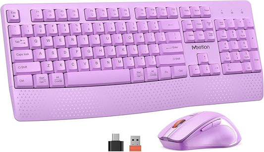 MEETION Wireless Keyboard and Mouse, Full-Sized Cordless Keyboard with Wrist Rest and 3 DPI Adjustable Mouse, 2.4G Wireless, Purple, for PC/Computer/Laptop/Windows/Mac