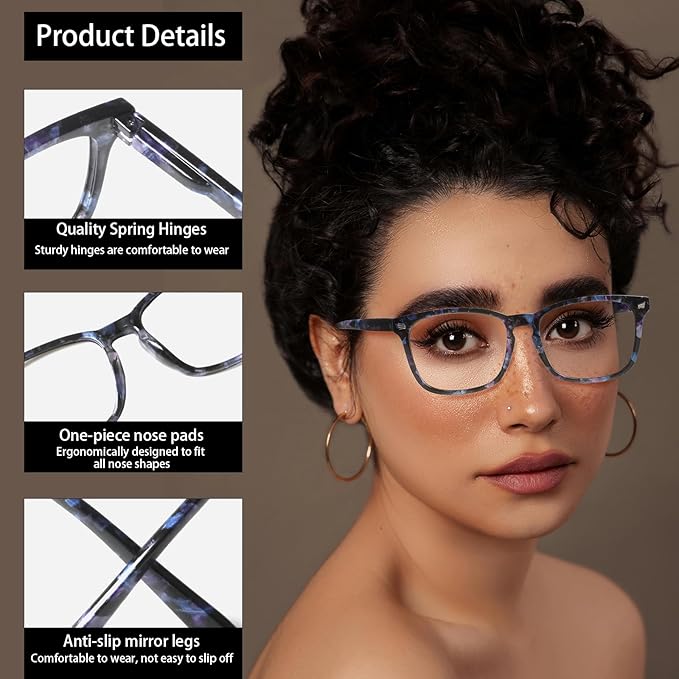 Henotin 5-Pack Blue Light Blocking Reading Glasses Women Men,Spring Hinge Computer Readers,Anti UV Ray Square Nerd Eyeglasses (Mixed Color-D, 1.75)