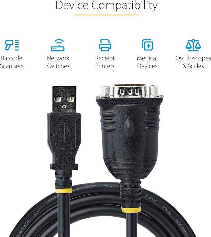 StarTech.com 3ft (1m) USB to Serial Cable, DB9 Male RS232 to USB Converter, Prolific IC, USB to Serial Adapter for PLC/Printer/Scanner/Switch, USB to COM Port Adapter, Windows/Mac (1P3FP-USB-SERIAL)