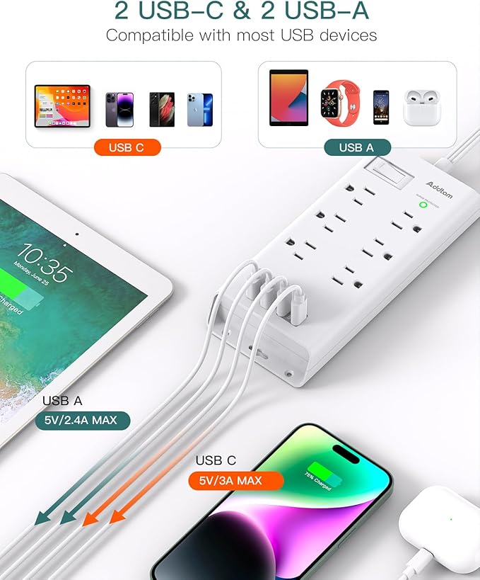 10ft Flat Plug Extension Cord, Surge Protector Power Strip With 6 Outlets and 4 USB Ports (2 USB C), Multiple Outlets for Home Dorm Room Essentials