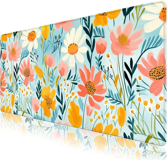 Floral Plant Desk Pad Mouse Pad, Large Gaming Mouse Mat with Stitched Edges, Non-Slip Waterproof Rubber Base Mous Mat for Office Computer Keyboard Laptop Home Decor Women (35.4X17.5 in),Botanical