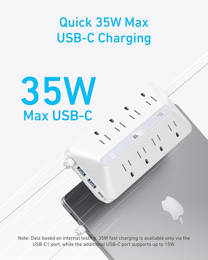 Anker Power Strip with 900J Surge Protector, Flat Plug Extension Cord with Multiple Outlets, 8 AC, 2 USB A & 2 USB C Ports for 35W Max, 5ft Outlet Extender, Dorm Room Essentials, Home Office