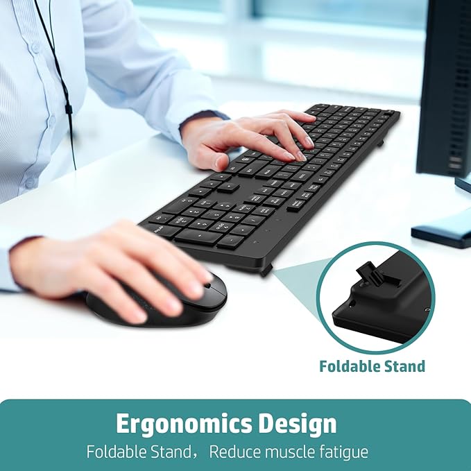 LeadsaiL Wireless Keyboard and Mouse Combo, Full-Sized Ergonomic Computer Keyboard, 2.4GHz Cordless Keyboard Silent Mouse Set with 2-in-1 USB Receiver, 12 FN Shortcuts for Windows Laptop, PC/Mac-Black