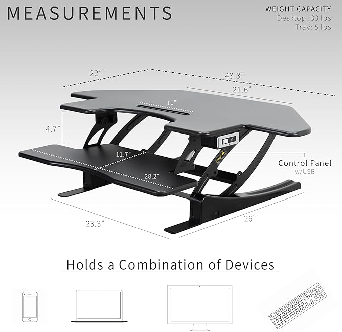 VIVO 43 inch Corner Electric Height Adjustable Cubicle Stand Up Desk Converter, VE Series, Sit to Stand Tabletop Dual Monitor Riser with USB Port, Black, DESK-V000VCE
