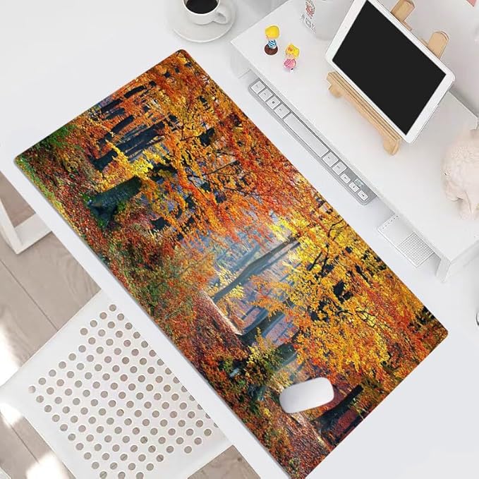 HVEST Fall Forest Gaming Mouse Pad, Autumn Nature Landscape Desk Mat XL, Orange Large Keyboard and Mouse Pad with Non-Slip Rubber Base and Stitched Edge for Game, Office, Home 31.5'' x 15.7''