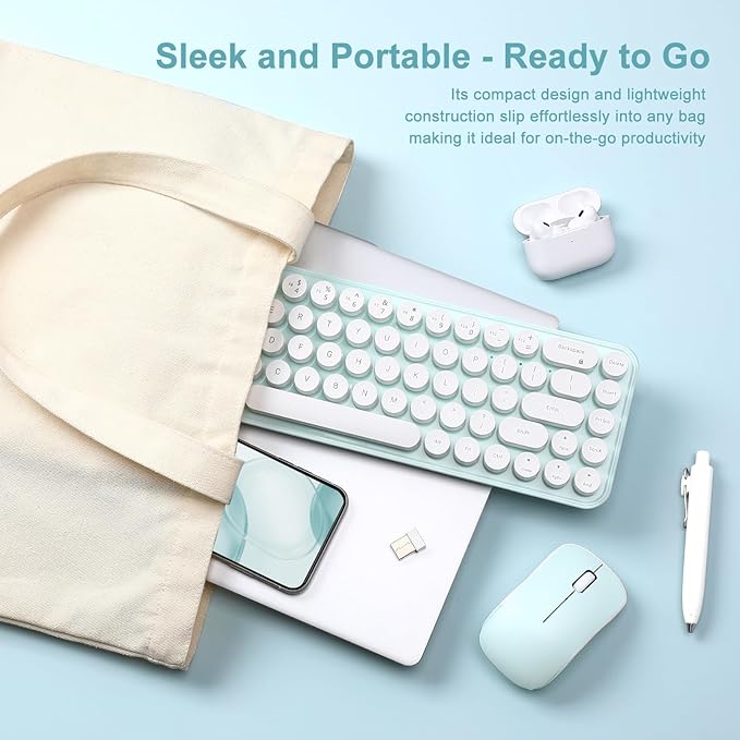 i68 Wireless Typewriter Keyboard and Mouse Combo,2.4GHz Cordless Connection, Cute Retro Aesthetic Design Round Keycaps for Tablet, Phone, PC and Win/Mac/Android(Green)