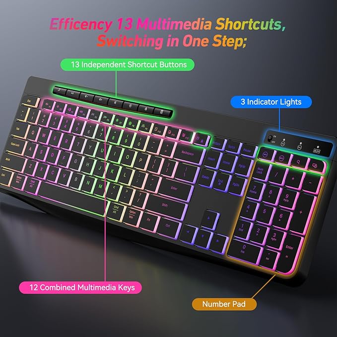 Wireless Keyboard and Mouse Combo With Backlit,2.4G Full Size Ergonomic Keyboard with Light Up Letters,Rechargeable and Slim RGB Mouse,Silent Click For Windows/MAC PC,Laptop,Chromebook,Surface,Macbook