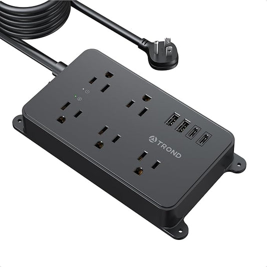 TROND Surge Protector Power Strip, 15ft Long Extension Cord, ETL Listed, 5 Widely Spaced AC Outlets, 2 USB A and 2 USB C, 1300J, Low-Profile Flat Plug, Wall Mountable, for Kitchen Office, Black