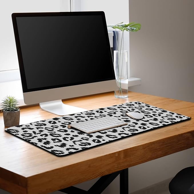 Large Gaming Mouse Pad - White and Black Desk Mats, Non-Slip Rubber Base 35.4 X 15.7 for Game Office, Leopard Print