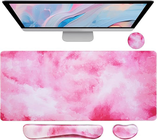 Bloss Pink Mouse Pad+Wrist Rest, 4-in-1 Larg Desk Pad Mat, Anti-Slip Keyboard Pad, Gaming Mouse Pad, Cute Desk Accessories for Keyboard and Mouse-Pink Clouds (31.5 x 15.7 Inches)
