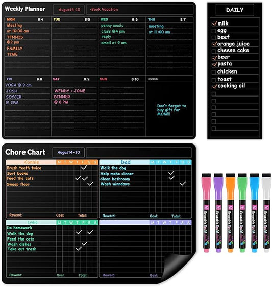 Fridge Black Whiteboard Calendar Set(3-Pack),1 Pcs Magnetic Chore Chart and 1 Pcs Refrigerator Weekly Planner,1 Pcs List and 6 Markers,Reward Chore Chart for Kids Multiple Kids Teens Adults Family