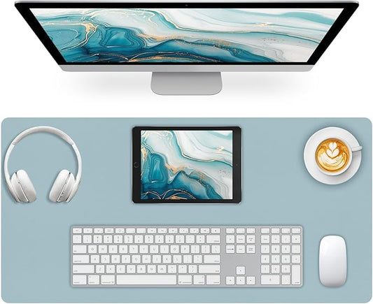 Large Desk Pad Mat, Leather Blue Desk Mat for Desktop, Computer Desk Mouse Pad Non-Slip, Waterproof Keyboard Mat for Office/Home/Decor, 31.5" x 15.7"