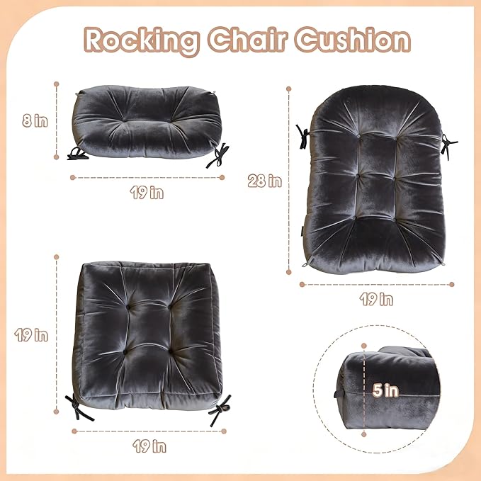 Rocking Chair Cushion Indoor Large Chair Pads Set with Ties Extra Lumbar Pillow Premium Dutch Velvet High Resilience Filler Non-Slip Bottom, Grey