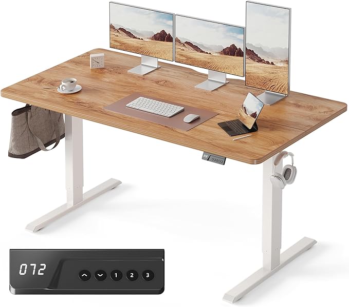FEZIBO Standing Desk, 63×28 Inches Electric Height Adjustable, Sit Stand Up, Computer Office Desk with Splice Board, White Frame/Light Rustic TOP