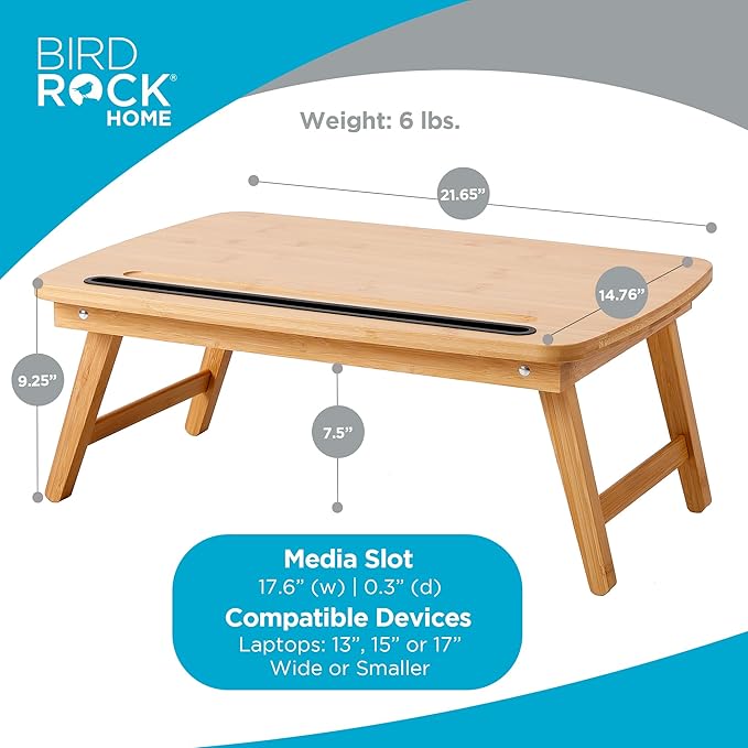 BIRDROCK HOME Bamboo Wood Lap Tray with Foldout Legs, Storage Drawer, Fits Laptops Up to 17", Tablet and Phone Slot, Laptop Table for Sitting or Standing, Work from Home, Workstation - Natural