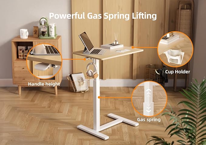 Claiks Height-Adjustable Overbed Table with Wheels, Portable Rolling Laptop Desk, Mobile Standing Desk for Home & Hospital Use, Nature 25.5 inch