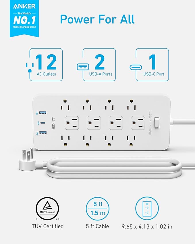 Anker Power Strip with 2100J Surge Protector, Outlet Extender, 5ft Extension Cord with Multiple Outlets, 12 AC, 2 USB A,1 USB C Port for 20W, Home Office, Dorm Room Essentials, TUV Listed