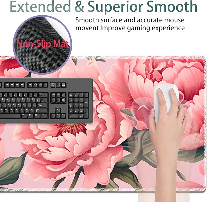 Large Gaming Mouse Pad + Keyboard Wrist Rest + Wrist Support + Coaster Set, Memory Foam Ergonomic for Easy Typing, XXL Extended Gaming Mouse Pad Table Pad - Art Pink Flowers