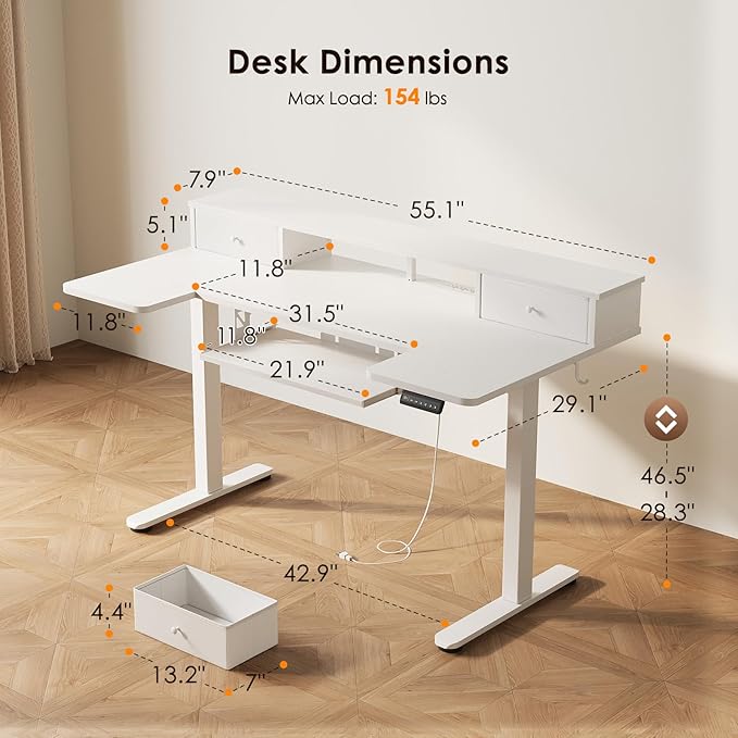OffiGo U Shaped Electric Standing Desk with Drawers, 55 Inch Height Adjustable Desk with Keyboard Tray ＆ Ergonomic Monitor Stand, Sit Stand Table with Power Outlets for Home, Office, White
