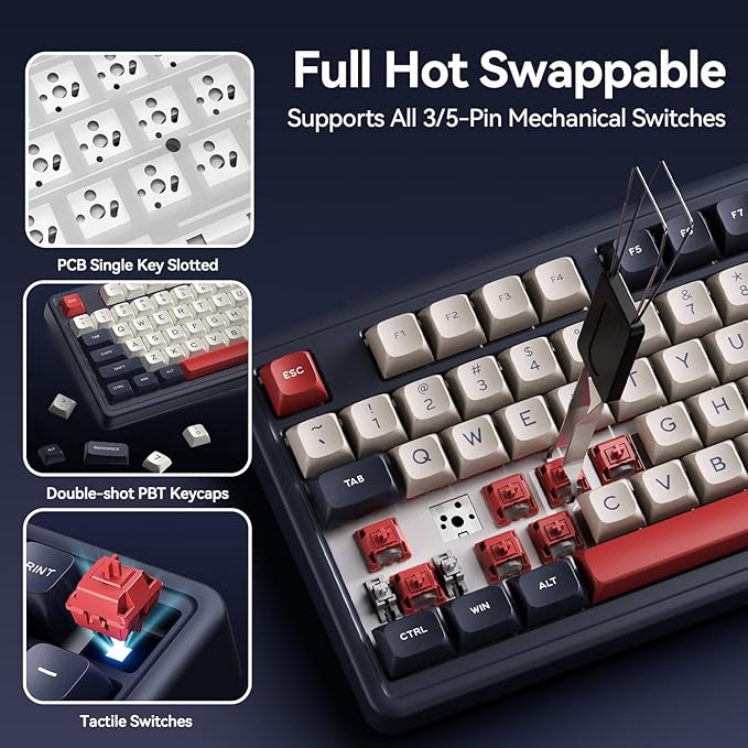 AUSDOM Wireless Bluetooth Mechanical Keyboard, BT5.3/Type-C/2.4G Tri-Mode Hot swappable Custom Gaming Keyboards, Gasket, RGB, Numpad, Blue Computer Keyboard for Mac/Win/Office, 98 Keys(Click Sound)