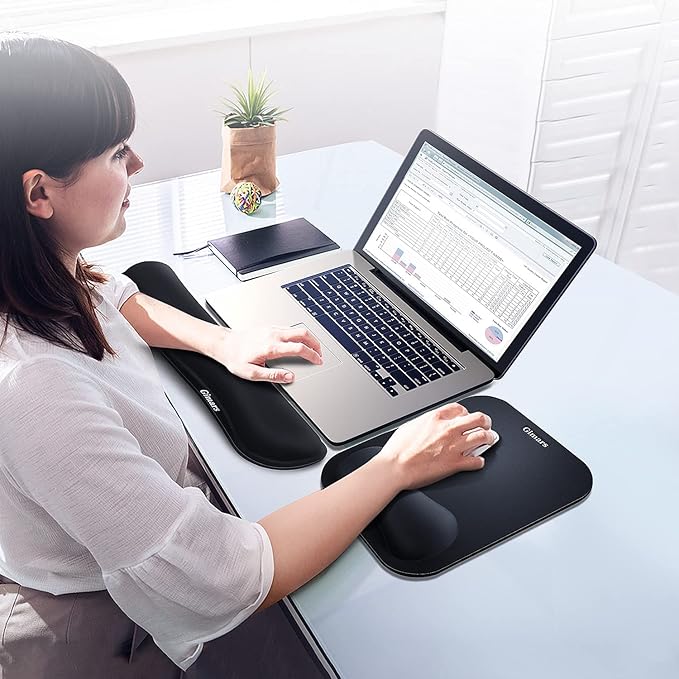 Gimars Elongate Smooth Lycra Fabric Ergonomic Mouse Pad Wrist Support, Gel Memory Foam Cushion Set Keyboard Wrist Rest Support, Pain Relieve for Computer, Laptop, Office, School, Home, Gaming, Black