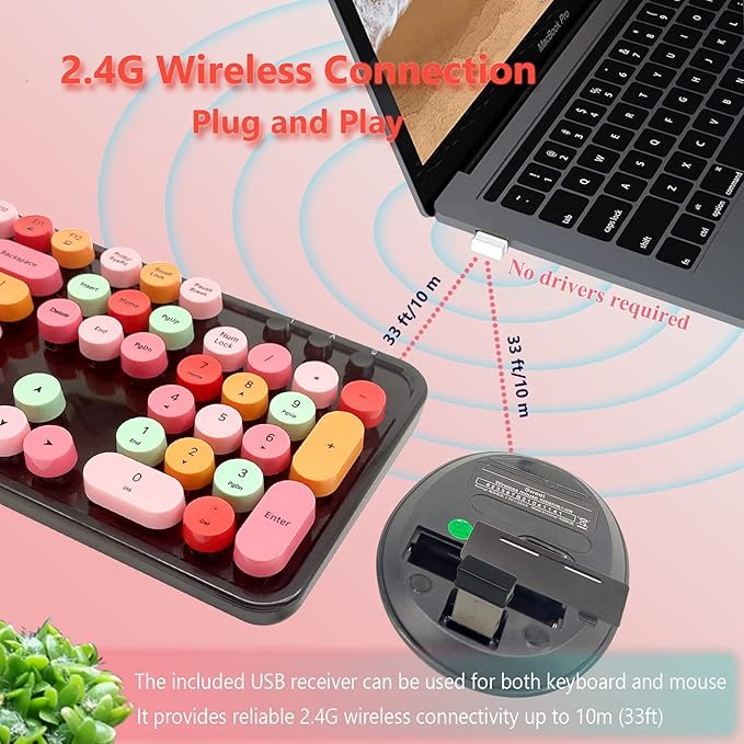 Wireless Keyboard and Mouse Combo, Ergonomic Cute Retro Typewriter Full Size Colorful USB Cordless Keyboard Mouse Set for Gaming and Office (Red)