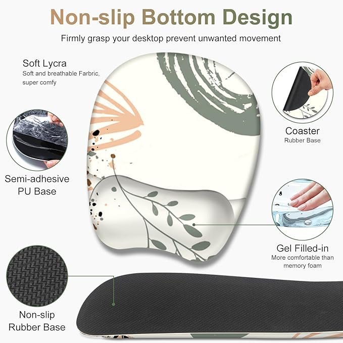 Large Mouse Pad with Wrist Support 4 in1 Set, XXL Big Game Mousepad + Keyboard Wrist Rest+Mouse Wrist Rest+Coaster Ergonomic Gaming Mat for Home Office Table Computer I Modern Boho Leaves