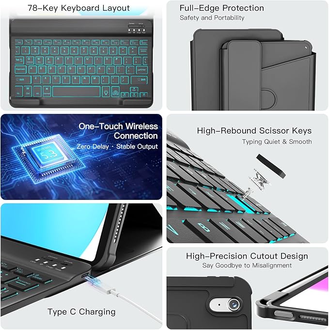 for iPad 11th(A16, 2025)/10th Generation Case with Keyboard, 360° Rotatable Case & Detachable Backlit Keyboard, Precision Cutouts and Pen Holder for iPad A16 11''/10th 10.9'', Black