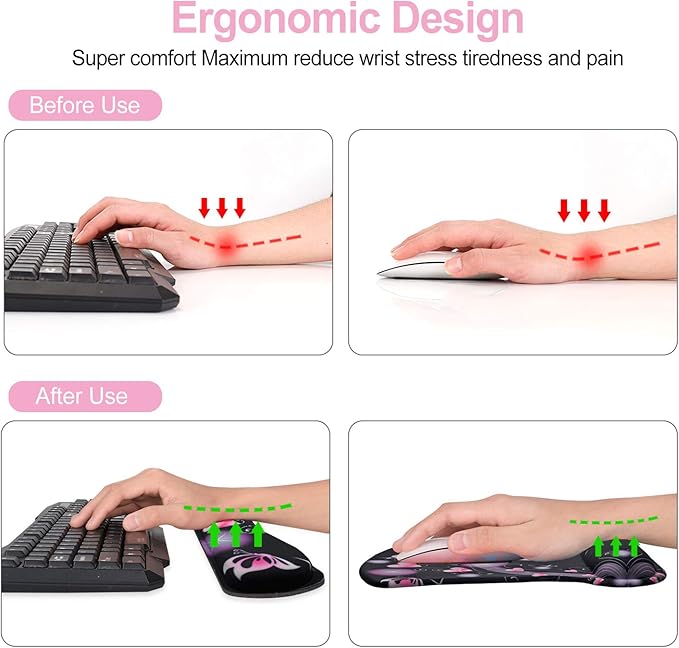 ToLuLu Keyboard Wrist Rest Pad Ergonomic Mouse Pad Set, Cute Mouse Pad for Computer Laptop, Non Slip Mousepad Keyboard Wrist Support with Raised Memory Foam for Easy Typing Pain Relief, Pink Hearts