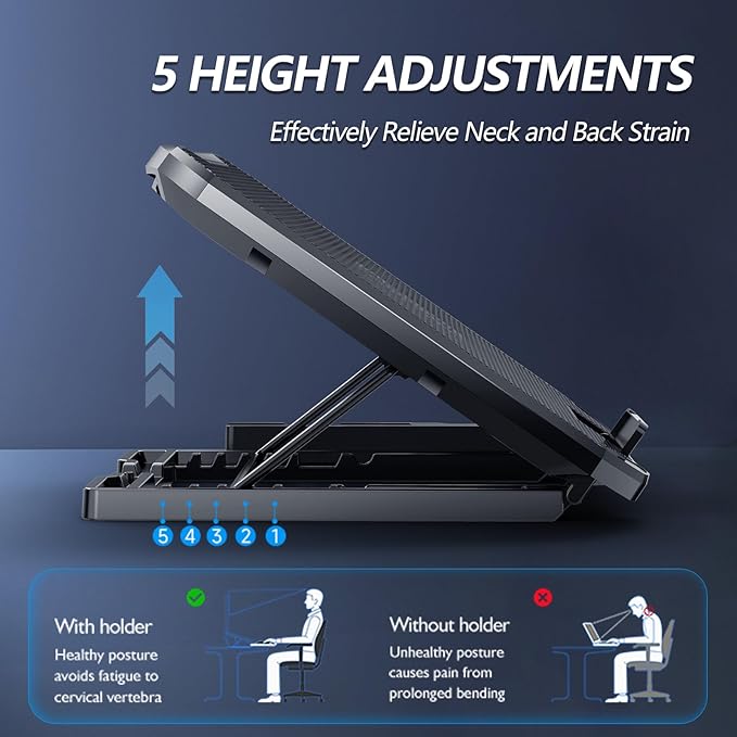 Laptop Cooling Pad for Computer Laptop Cooler for 12-15.6 Inch Notebooks, Laptop Cooling Stand with 5 Quiet Fans, 5 Height Adjustable,2 USB Ports, Phone Stand