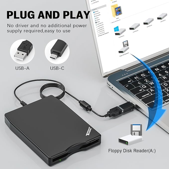 Tendak USB Floppy Disk Drive, Floppy Disk Reader 3.5 inch Portable USB External 1.44MB FDD Diskette Drive for Windows 11/10/8/7/2000/XP/Vista PC Laptop, Plug and Play (Black)