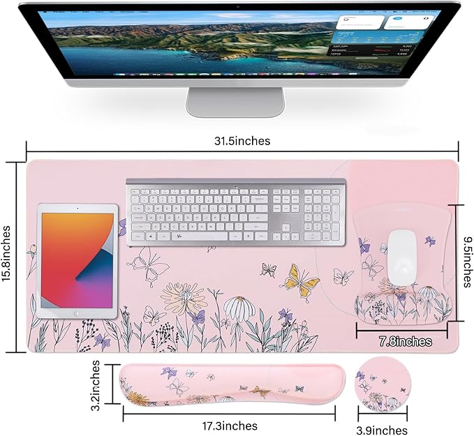 MEGREZ 4-in-1 Ergonomic Memory Foam Wrist Rest Set, Desk Pad, Mouse Pad with Wrist Rest, Keyboard Pad, Suitable for Office Workers, Programmers & Gamers–Relieve Typing & Gaming Fatigue, Light Pink