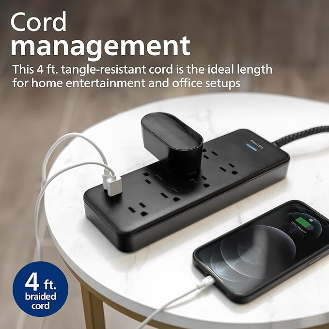 Philips 7-Outlet Adapter Spaced Surge Protector, 4ft Braided Cord, Power Strip with USB Charging, for Home School and Office, 1USB-A, 1USB-C, 1500J, Black, SPP9643B/37