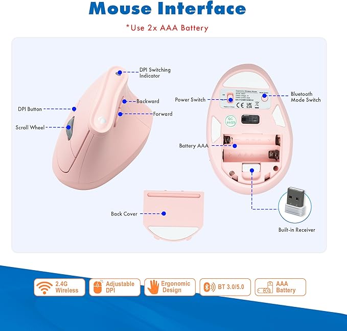 J-Tech Digital Wireless Mouse, Vertical Ergonomic Mouse with 2.4G Wireless & Bluetooth for 3 Multi-Device Function, Adjustable DPI Modes, Compatible with PC, Mac, Laptop - Pink