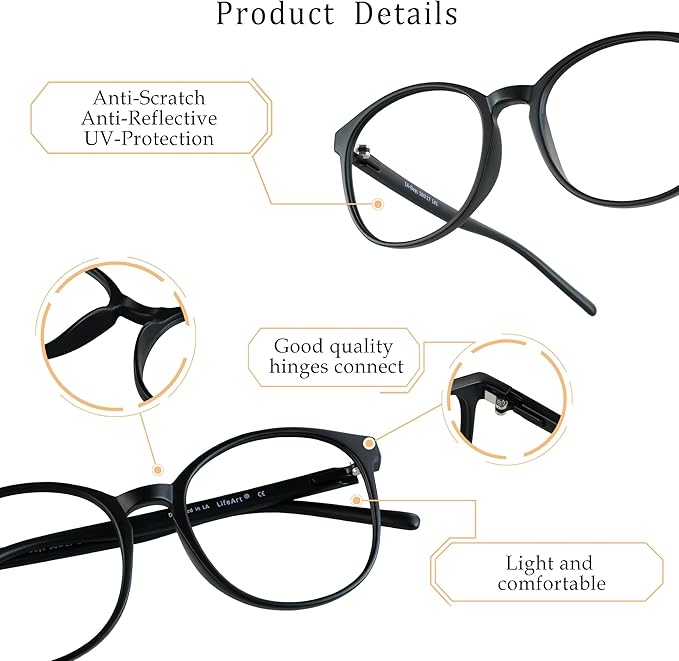 LifeArt Round Blue Light Blocking Glasses, Computer Glasses, Gaming Glasses, TV Glasses for Women Men (Black, 4.00 Magnification)