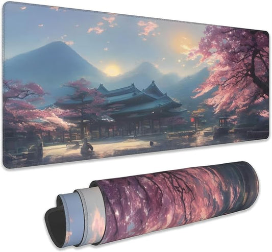 Desk Mat, Spring Cherry Blossoms Extended Gaming Mouse Pad Large, Fantastic Shrine Desk Mat with Non-Slip Base and Stitched Edge, Long Computer Keyboard Mouse Mat for Home Office Work 31.5"x11.8"