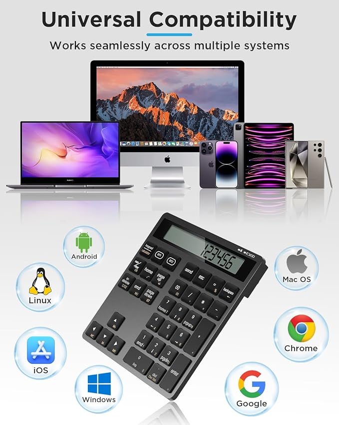 HoRiMe Number Pad for Laptop - Rechargeable Wireless Number Keypad 34 Keys with Dual Bluetooth, 2 in 1 Numeric Keypad Calculator with Display - Portable Slim Numpad for Windows, Mac, iMac, PC, Tablet