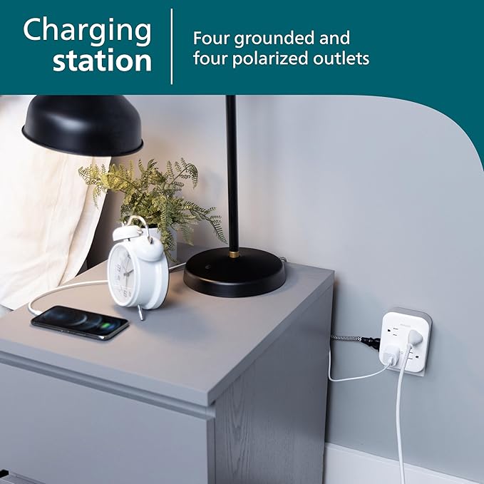 Philips All-in-One Surge Tap, 4 Grounded & 4 Polarized Outlets, 1140 Joules, Adapter-Spaced Design, ETL Certified, White/Gray, SPP3993W/37
