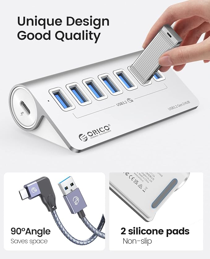 ORICO USB 3.2 Hub 10Gbps with 7 USB A Ports, USB 3.2 Gen 2 Hub with 3.28Ft USB-A to USB-C Cable, Desk USB Splitter for MacBook, Mac Pro/Mini, iMac, Surface Pro Laptop/PC