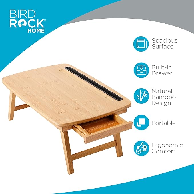 BIRDROCK HOME Bamboo Wood Lap Tray with Foldout Legs, Storage Drawer, Fits Laptops Up to 17", Tablet and Phone Slot, Laptop Table for Sitting or Standing, Work from Home, Workstation - Natural