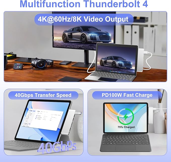 Surface Pro 12 Accessories Docking Station, USB Hub and Adapter with 4K HDMI, USB-C Thunderbolt 4 (Display+Data+100W PD), 2 USB 3.0, 3.5mm Audio, SD/TF Card Slot for Surface Pro 12 inch 2025