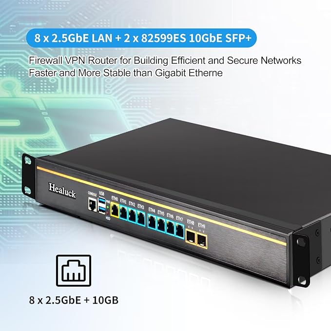 1U Firewall Appliance, Core i5 4300M Z87, 2X 10GBe LAN, 8 x i226V 2.5GbE LAN, OPNsense, VPN, 19 Inch 1U Network Rackmount, VGA, Console, USB3.0, DDR3L 16G RAM 256G SSD