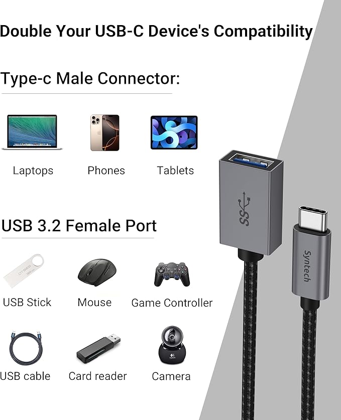Syntech USB C to USB Adapter, 2 Pack USB C to USB 3, 10Gbps Type C, Thunderbolt 3 to USB Female Adapter OTG Cable Compatible with iPhone 17/16/15 Pro Max, iPad mini 6, MacBook Pro/Air/Neo, Space Gray