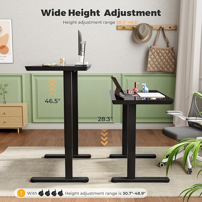 Glass Small Standing Desk with Drawer, 35" x 20" Whole Piece Tabletop Electric Sit Stand Table, Height Adjustable Workstation with Storage & USB Ports, Quick Install Home Office Desk