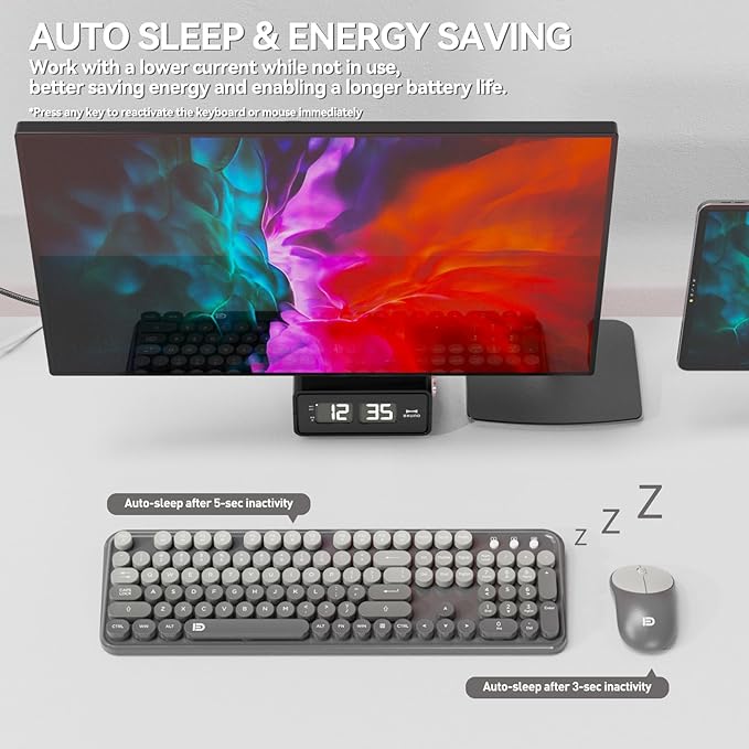 FD Wireless Keyboard and Mouse Combo - 2.4G Full-Sized Cute Colorful Mouse and Keyboard with 104 Round Keys Retro Typewriter Keyboards for Laptop/Windows/PC - Grey Gradient