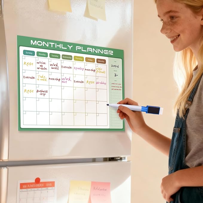 Magnetic Dry Erase Calendar for Refrigerator 16"×12" with 8 Markers & Eraser, Strong Magnet White Board, Large Family Planner for Busy Moms (Green)
