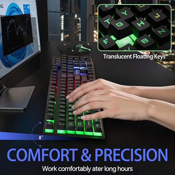 CHONCHOW Wireless Keyboard and Mouse Combo - 2.4G Rechargeable USB Rainbow LED Backlit Wireless Gaming Keyboard,Anti-ghosting Multimedia Keys Mechanical Feel for PC Laptops PS Xbox