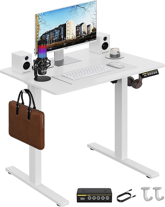 Electric Standing Desk,32x24 Inches Adjustable Height Stand up Desk, Sit Stand Home Office Desk with Splice Board, 3 Preset Heights,Equipped with Hooks,Ergonomic Computer Desk Workstation，White